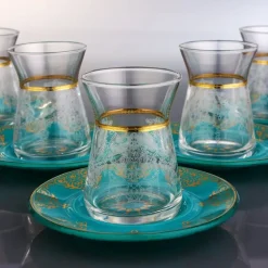 Blue and Gold Turkish Tea Cups and Saucers