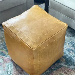 Camel Square Leather Pouf