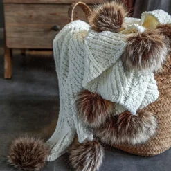 Chenille Throw with Pom Poms - 51"x63"