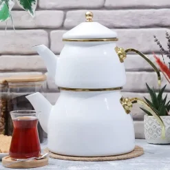 White Enamel Double Tea Pot